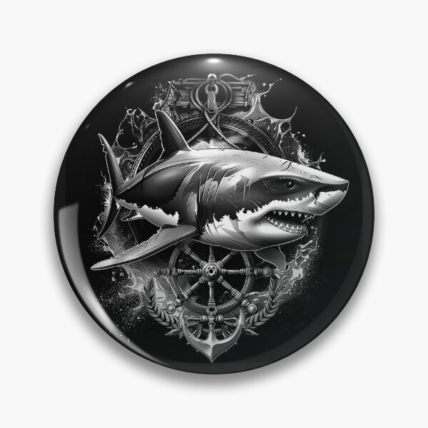 Item preview, Great White Shark Nautical Emblem Anchor and Ship Wheel Art designed and sold by inkoutninja.