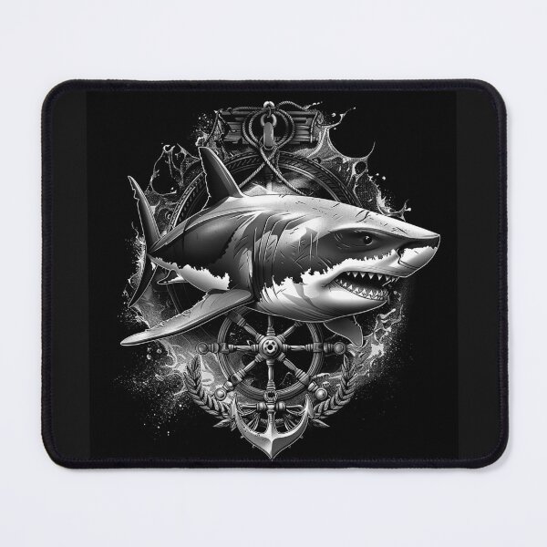 Item preview, Great White Shark Nautical Emblem Anchor and Ship Wheel Art designed and sold by inkoutninja.