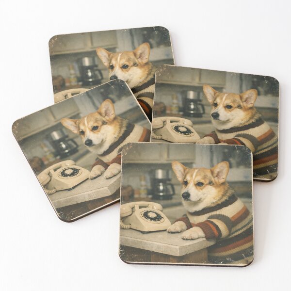 Item preview, Dog on Kitchen Cabinet Wall Art | Whimsical Canine Portrait by Vintage Telephone | Retro Photography Aesthetic Home Decor Print designed and sold by PaintedPixels01.
