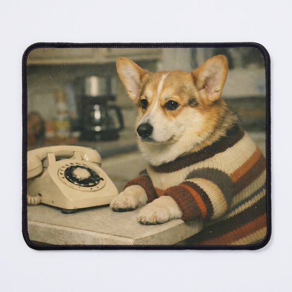 Item preview, Dog on Kitchen Cabinet Wall Art | Whimsical Canine Portrait by Vintage Telephone | Retro Photography Aesthetic Home Decor Print designed and sold by PaintedPixels01.