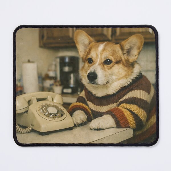 Item preview, Dog on Kitchen Cabinet Wall Art | Whimsical Canine Portrait by Vintage Telephone | Retro Photography Aesthetic Home Decor Print designed and sold by PaintedPixels01.