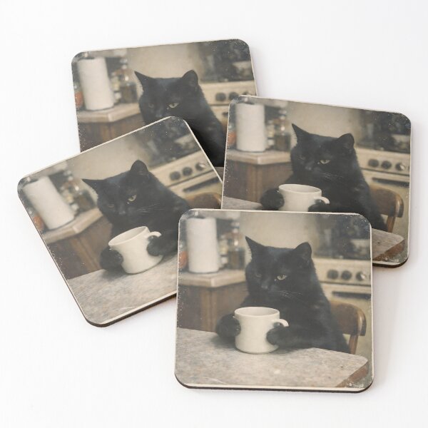 Item preview, Serious Cat Drinking Coffee Wall Art | Whimsical Morning Feline Portrait | Retro Photography Aesthetic Vintage Print designed and sold by PaintedPixels01.