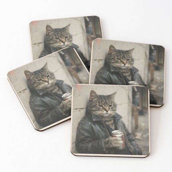 Item preview, Cool Biker Cat Wall Art | Rebel Feline Wearing Leather Jacket Holding a Soda Can | Retro Photography Aesthetic Vintage Print designed and sold by PaintedPixels01.