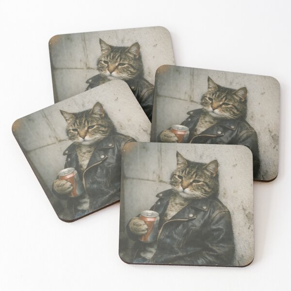 Item preview, Cool Biker Cat Wall Art | Rebel Feline Wearing Leather Jacket Holding a Soda Can | Retro Photography Aesthetic Vintage Print designed and sold by PaintedPixels01.