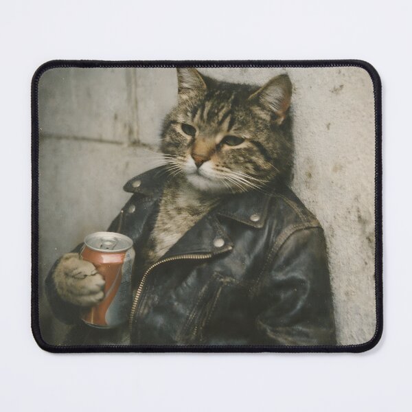 Item preview, Cool Biker Cat Wall Art | Rebel Feline Wearing Leather Jacket Holding a Soda Can | Retro Photography Aesthetic Vintage Print designed and sold by PaintedPixels01.