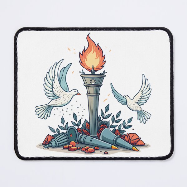 Item preview, Symbolic peace doves fly by a torch over missiles designed and sold by Ag49D.