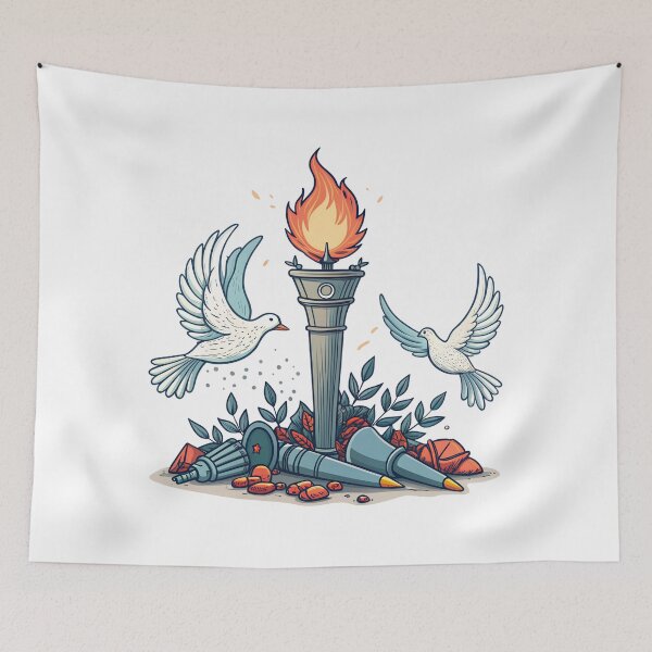 Item preview, Symbolic peace doves fly by a torch over missiles designed and sold by Ag49D.