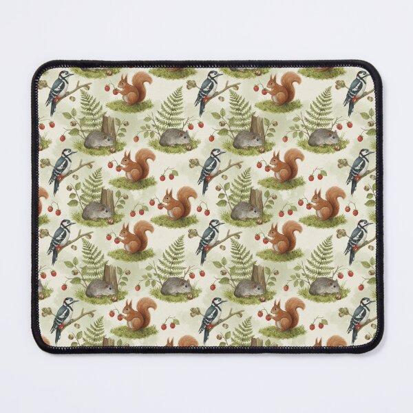 Item preview, Strawberry Squirrels & Woodpeckers – Forest Wildlife Seamless Pattern designed and sold by The Digital Compass.