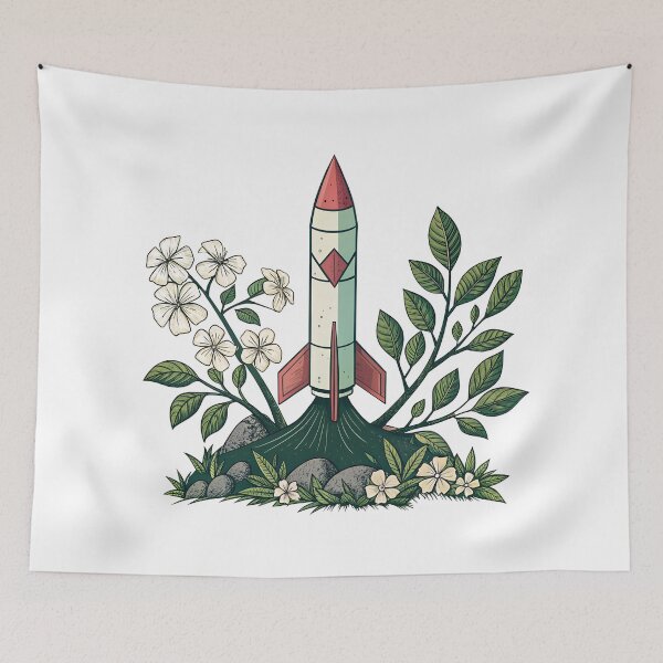 Item preview, Retro rocket launch amidst vibrant nature and blooming flowers designed and sold by Ag49D.