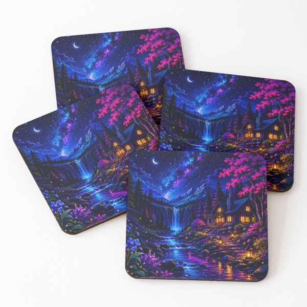 Item preview, Cosmic Neon Mountain Cabin Waterfall Nightscape Art designed and sold by Nexus Space.