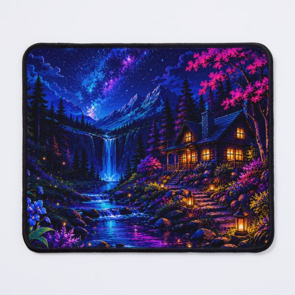 Item preview, Cosmic Neon Mountain Cabin Waterfall Nightscape Art designed and sold by Nexus Space.