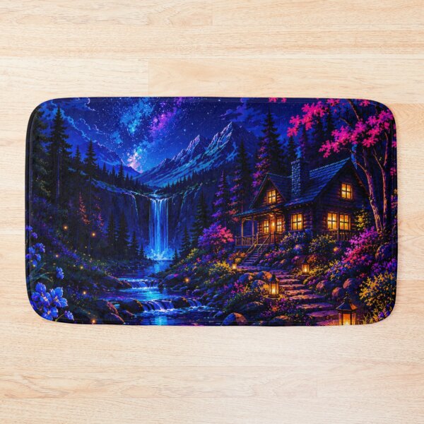Item preview, Cosmic Neon Mountain Cabin Waterfall Nightscape Art designed and sold by Nexus Space.
