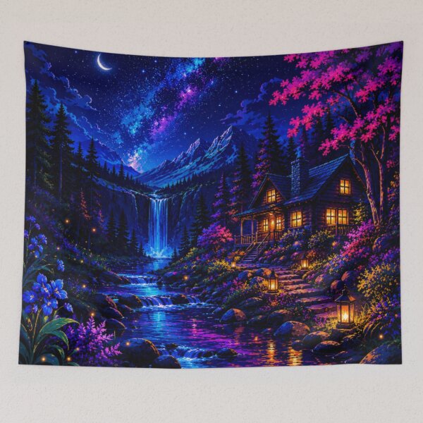 Item preview, Cosmic Neon Mountain Cabin Waterfall Nightscape Art designed and sold by Nexus Space.