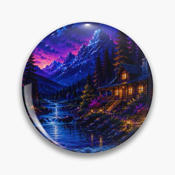 Item preview, Neon Full Moon Mountain Cabin River Nightscape designed and sold by Nexus Space.