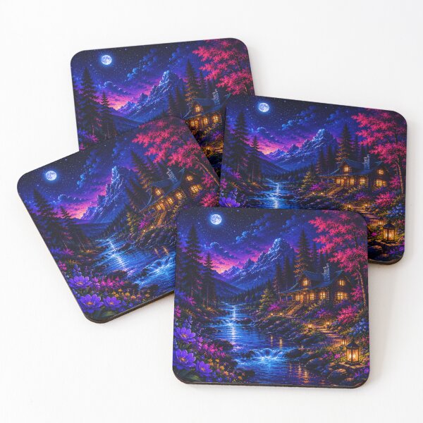 Item preview, Neon Full Moon Mountain Cabin River Nightscape designed and sold by Nexus Space.