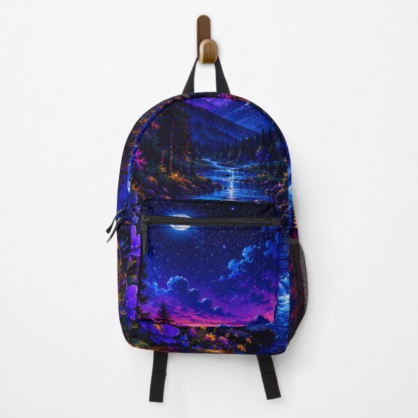 Item preview, Neon Full Moon Mountain Cabin River Nightscape designed and sold by Nexus Space.