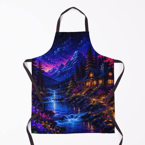 Item preview, Neon Full Moon Mountain Cabin River Nightscape designed and sold by Nexus Space.
