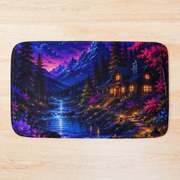 Item preview, Neon Full Moon Mountain Cabin River Nightscape designed and sold by Nexus Space.