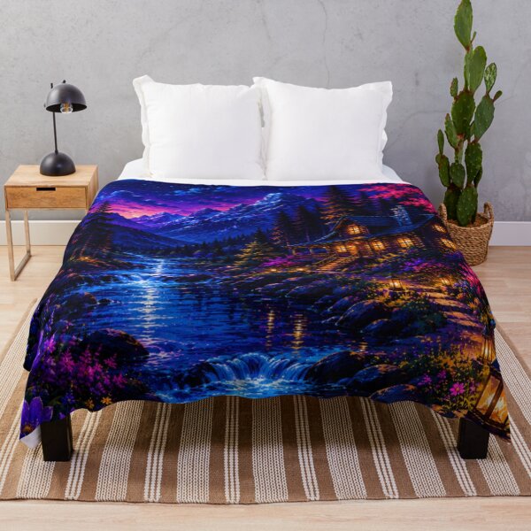 Item preview, Neon Full Moon Mountain Cabin River Nightscape designed and sold by Nexus Space.