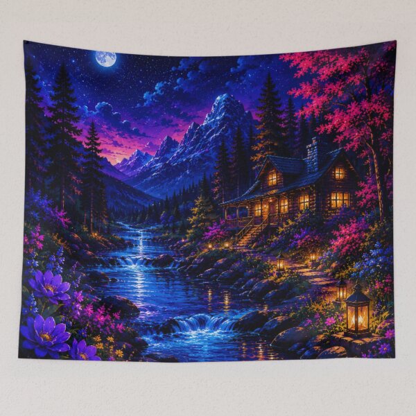 Item preview, Neon Full Moon Mountain Cabin River Nightscape designed and sold by Nexus Space.