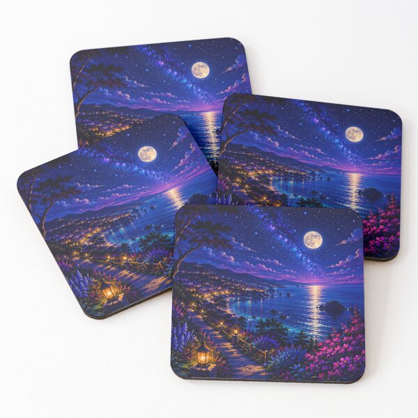 Item preview, Cosmic Full Moon Coastal Path Neon Nightscape Art designed and sold by Nexus Space.