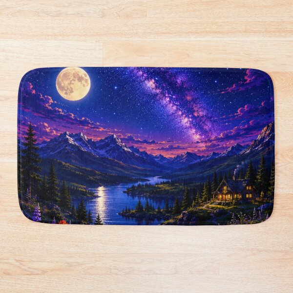 Item preview, Cosmic Full Moon Mountain Lake Cabin Nightscape Art designed and sold by Nexus Space.