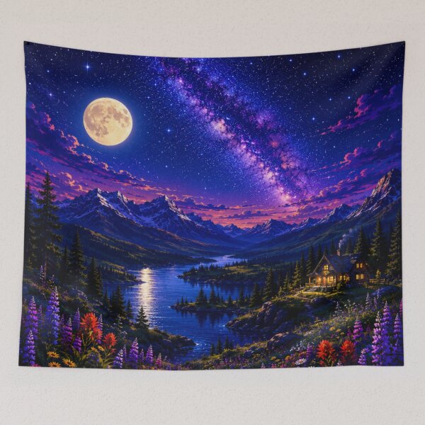 Item preview, Cosmic Full Moon Mountain Lake Cabin Nightscape Art designed and sold by Nexus Space.