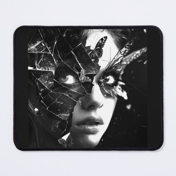 Item preview, Shattered Mirror Woman with Butterflies Surreal Monochrome Portrait designed and sold by inkoutninja.