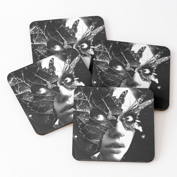 Item preview, Shattered Mirror Woman with Butterflies Surreal Monochrome Portrait designed and sold by inkoutninja.
