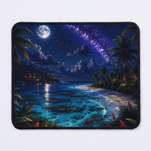 Item preview, Cosmic Full Moon Tropical Beach Neon Nightscape Art designed and sold by Nexus Space.