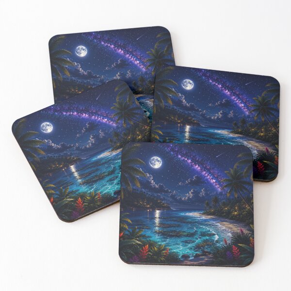 Item preview, Cosmic Full Moon Tropical Beach Neon Nightscape Art designed and sold by Nexus Space.