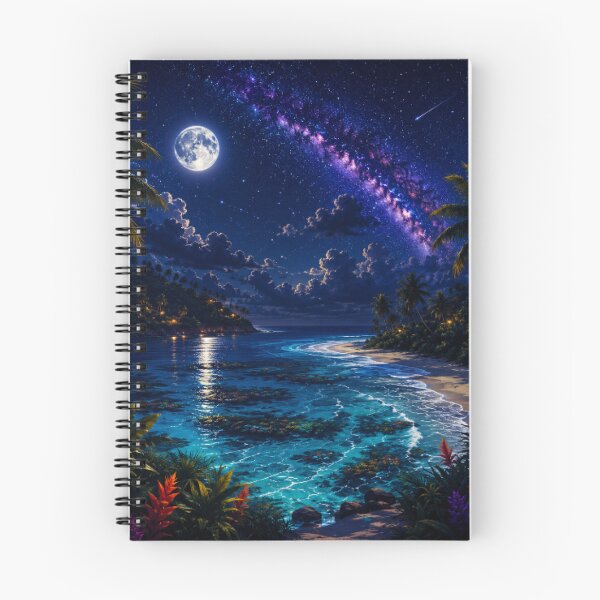 Item preview, Cosmic Full Moon Tropical Beach Neon Nightscape Art designed and sold by Nexus Space.