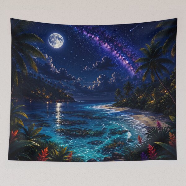 Item preview, Cosmic Full Moon Tropical Beach Neon Nightscape Art designed and sold by Nexus Space.