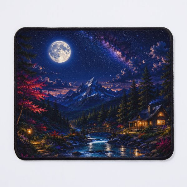 Item preview, Cosmic Full Moon Mountain River Bridge Cabin Art designed and sold by Nexus Space.