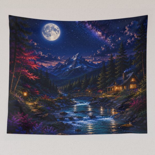 Item preview, Cosmic Full Moon Mountain River Bridge Cabin Art designed and sold by Nexus Space.