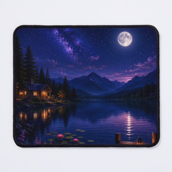 Item preview, Cosmic Full Moon Mountain Lake Dock Cabin Art designed and sold by Nexus Space.