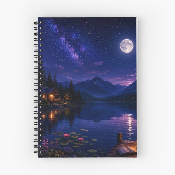 Item preview, Cosmic Full Moon Mountain Lake Dock Cabin Art designed and sold by Nexus Space.