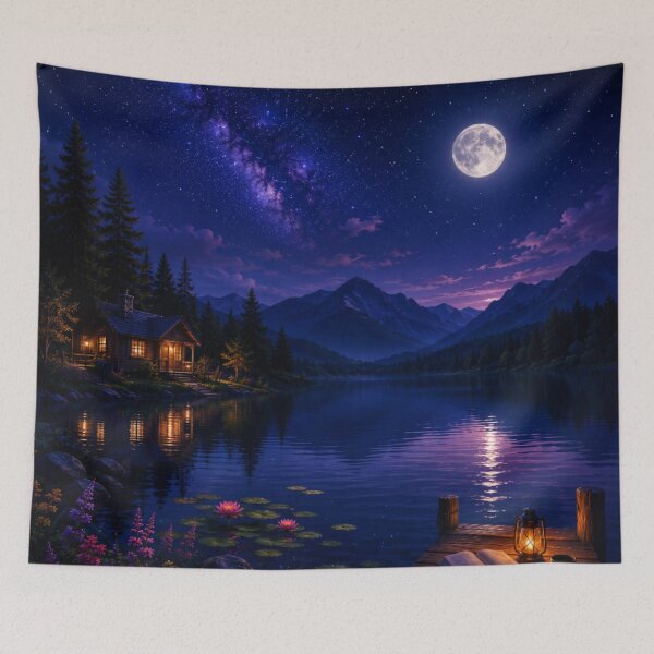 Item preview, Cosmic Full Moon Mountain Lake Dock Cabin Art designed and sold by Nexus Space.