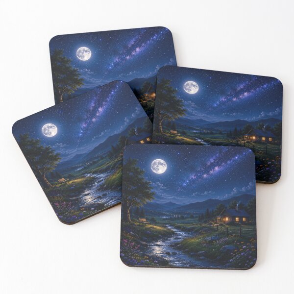 Item preview, Cosmic Full Moon Mountain Stream Meadow Cabin Art designed and sold by Nexus Space.