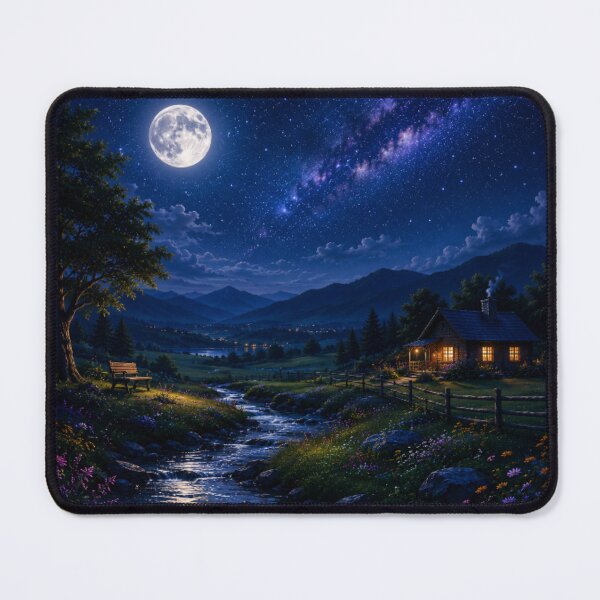 Item preview, Cosmic Full Moon Mountain Stream Meadow Cabin Art designed and sold by Nexus Space.