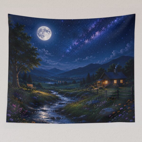 Item preview, Cosmic Full Moon Mountain Stream Meadow Cabin Art designed and sold by Nexus Space.