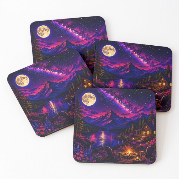 Item preview, Cosmic Full Moon Campfire Mountain Lake Cabin Art designed and sold by Nexus Space.