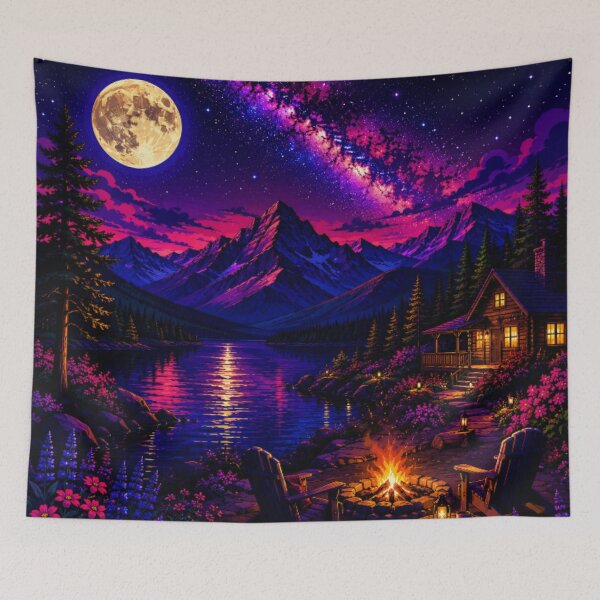Item preview, Cosmic Full Moon Campfire Mountain Lake Cabin Art designed and sold by Nexus Space.
