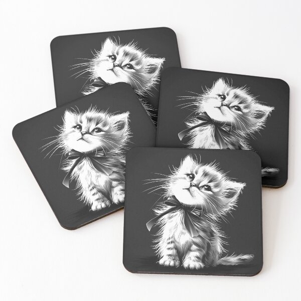 Item preview, Fluffy Kitten with Bow Cute Monochrome Cat Portrait designed and sold by inkoutninja.
