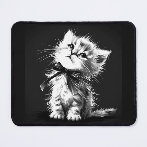 Item preview, Fluffy Kitten with Bow Cute Monochrome Cat Portrait designed and sold by inkoutninja.