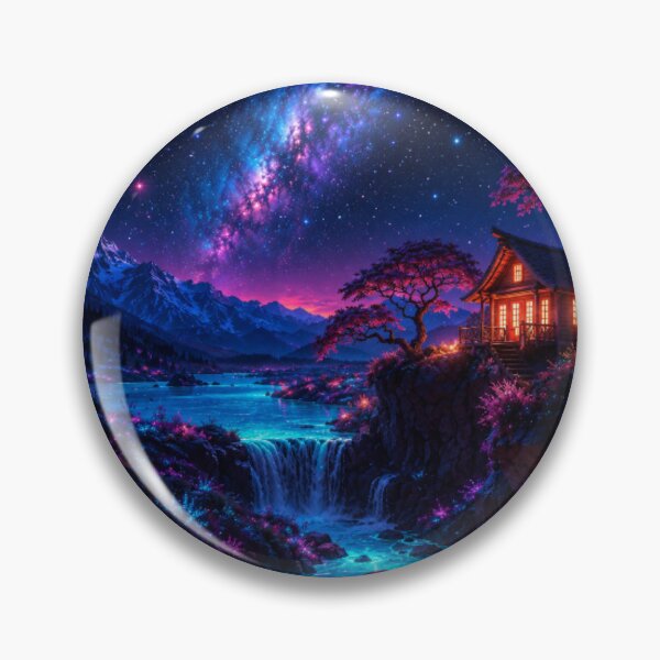 Item preview, Cosmic Crescent Moon Lantern Path Waterfall Cabin Art designed and sold by Nexus Space.