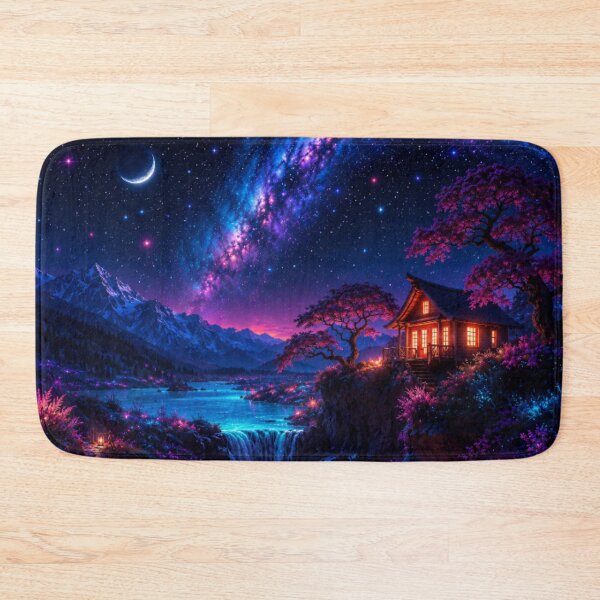 Item preview, Cosmic Crescent Moon Lantern Path Waterfall Cabin Art designed and sold by Nexus Space.