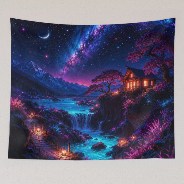 Item preview, Cosmic Crescent Moon Lantern Path Waterfall Cabin Art designed and sold by Nexus Space.