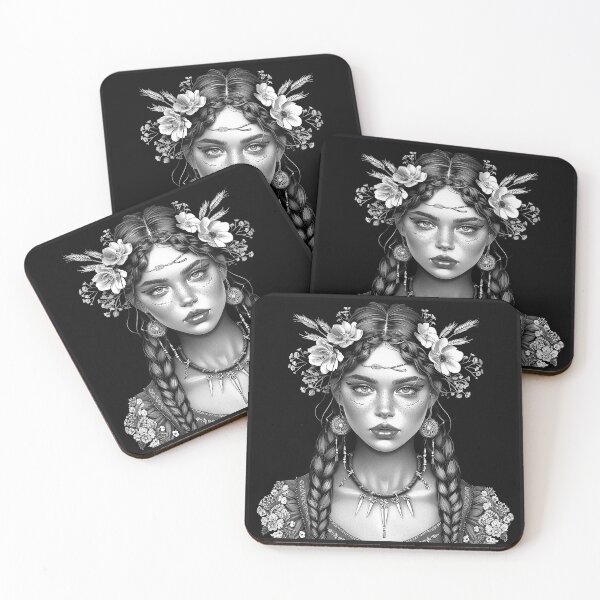 Item preview, Bohemian Woman with Floral Crown and Braids Monochrome Folk Portrait designed and sold by inkoutninja.
