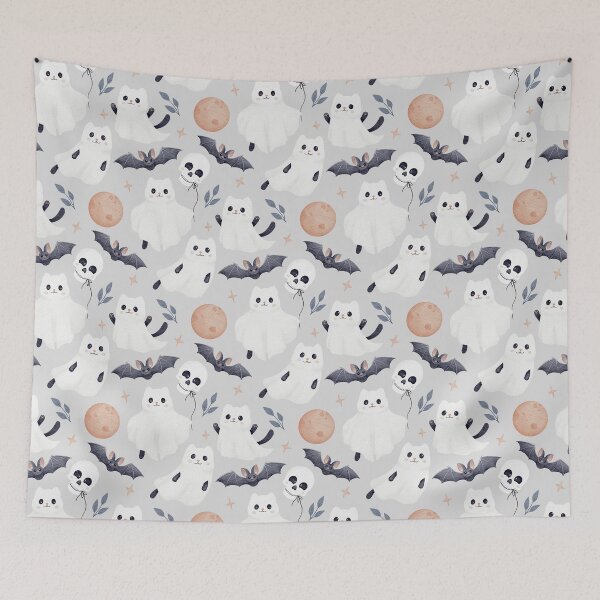 Item preview, Cute Ghost Cat Halloween Seamless Pattern Watercolor Gothic Nursery Light Grey Background designed and sold by tetiartlineshop.